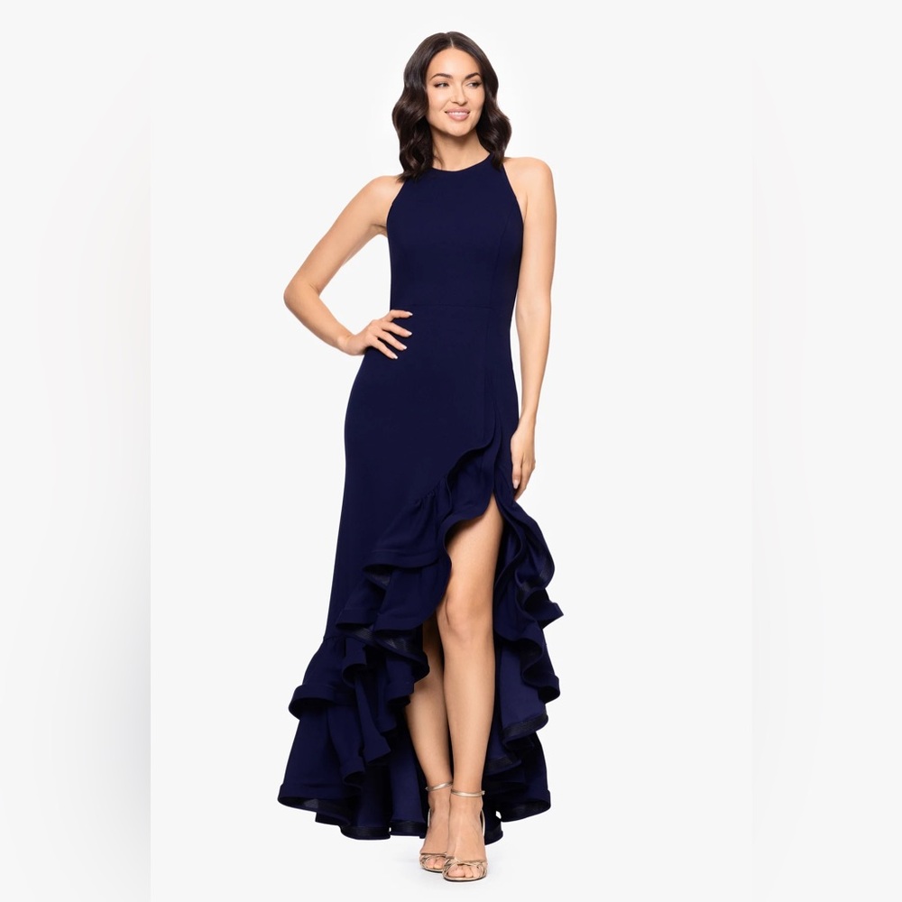 Betsy & Adam Navy Ruffle High-Low Gown Size 10P NWT Formal Evening MOB Gala